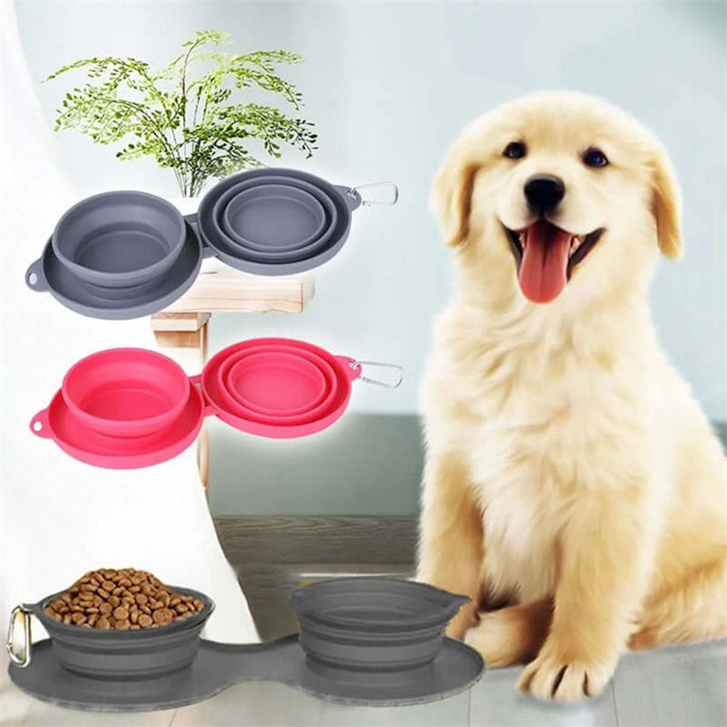 Rubber Foldable Double Bowl Pet Feeding Bowl Portable