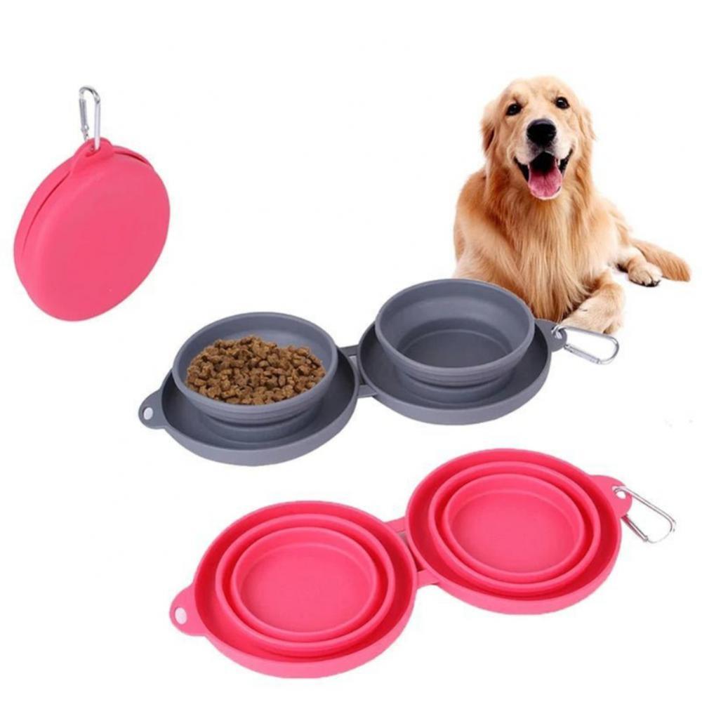Rubber Foldable Double Bowl Pet Feeding Bowl Portable
