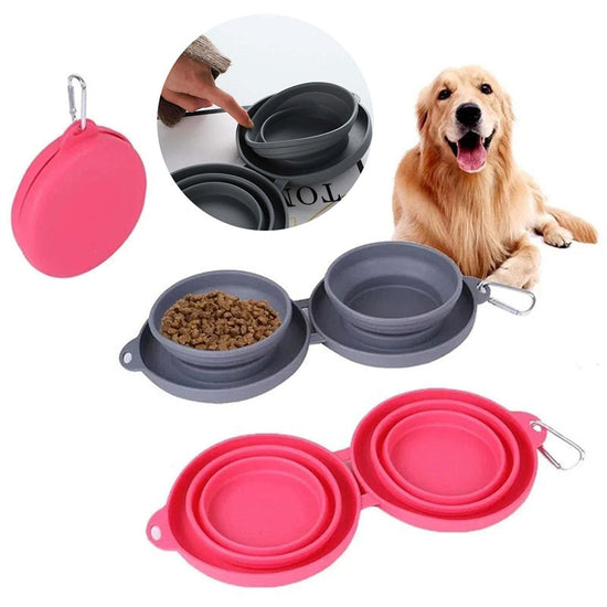 Rubber Foldable Double Bowl Pet Feeding Bowl Portable